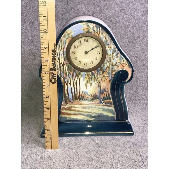Vintage Landscape Painted Pottery Mantle Clock Germany Decor Art Nouveau